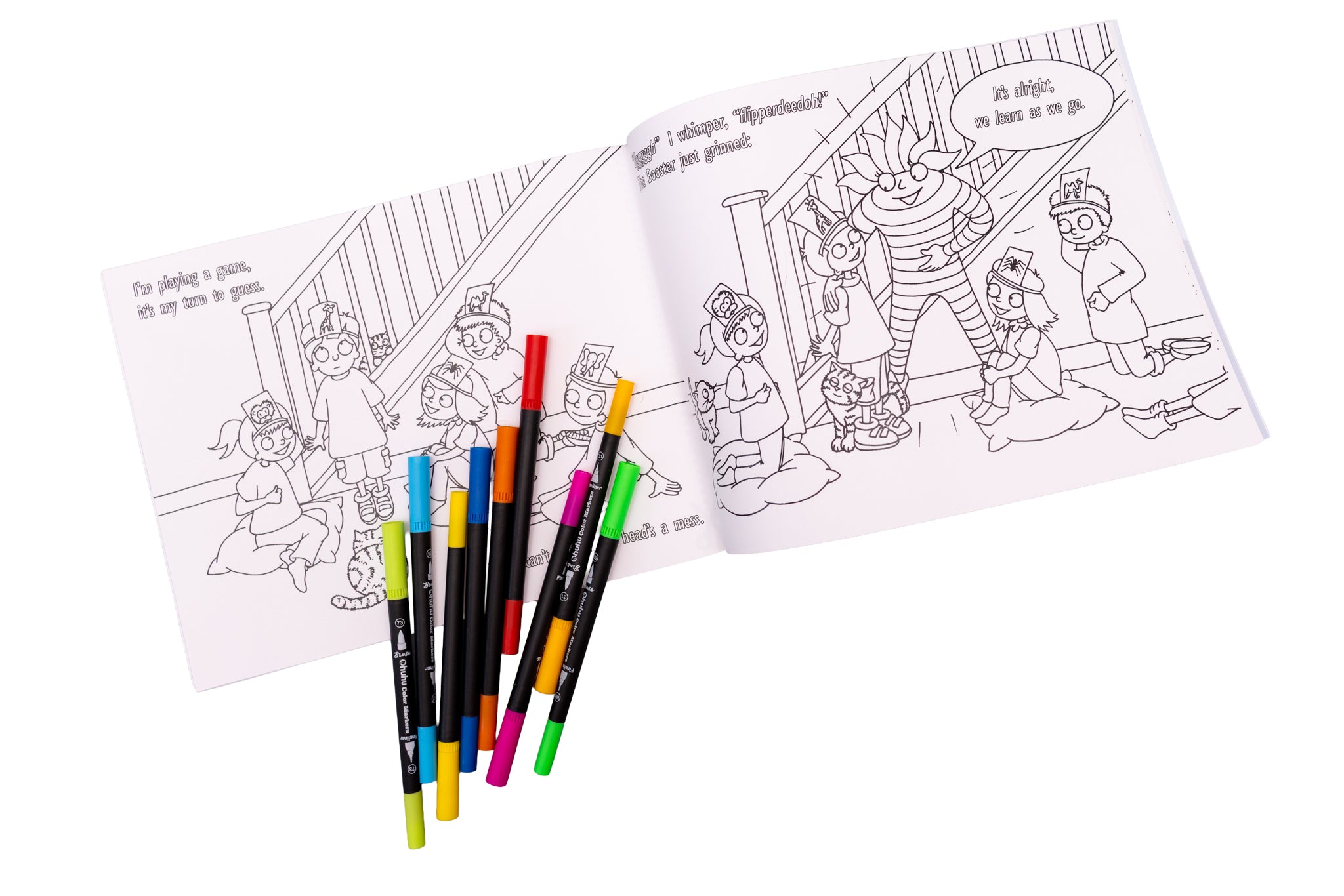Colouring book with illustrations and markers on a white background